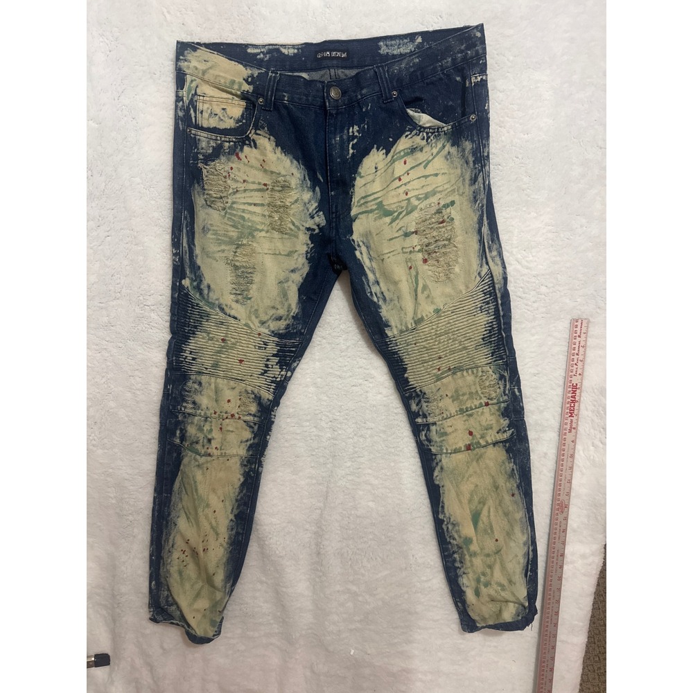 GS 115 Denim Biker Jeans‎ Distressed Bleach Splatter Moto Style Men's
